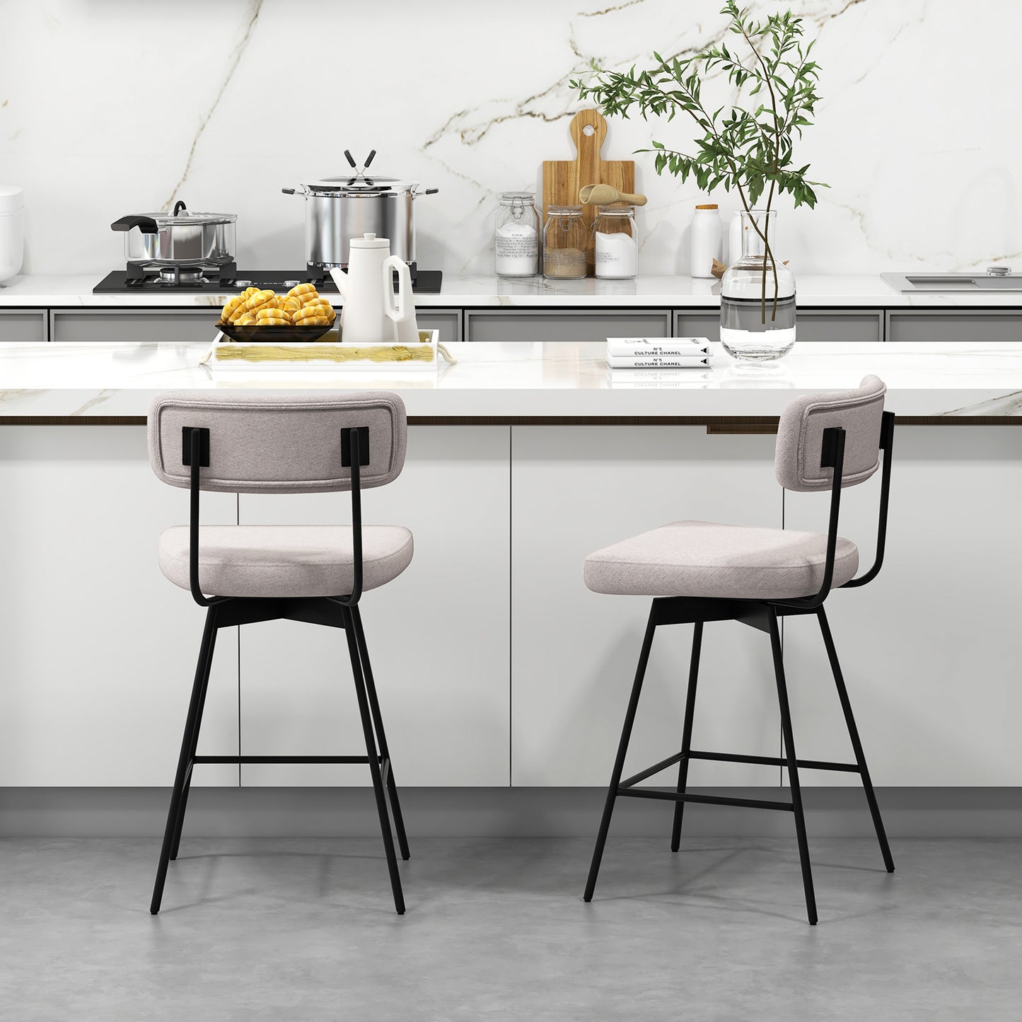 Set of 2 Modern 25″ Upholstered Bar Stools with Backrest and Footrests in Beige