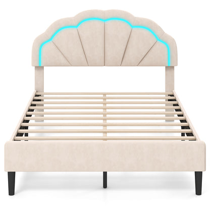 Velvet Upholstered Bed in Beige with RGB LED Lighting, Petal-Inspired Headboard and Sturdy Frame – Full