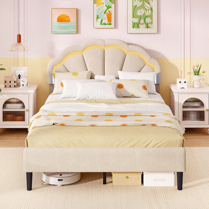 Velvet Upholstered Bed in Beige with RGB LED Lighting, Petal-Inspired Headboard and Sturdy Frame – Full