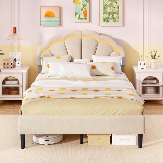 Velvet Upholstered Bed in Beige with RGB LED Lighting, Petal-Inspired Headboard and Sturdy Frame – Full