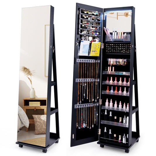 64 Inch Lockable Jewelry Armoire with Built-In LED Makeup Mirror, Large Storage, and Full-Length Mirror – Black