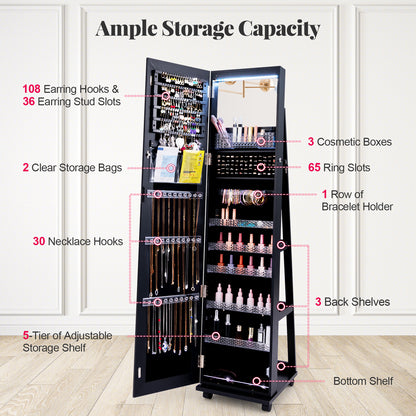 64 Inch Lockable Jewelry Armoire with Built-In LED Makeup Mirror, Large Storage, and Full-Length Mirror – Black