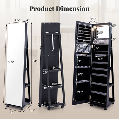 64 Inch Lockable Jewelry Armoire with Built-In LED Makeup Mirror, Large Storage, and Full-Length Mirror – Black