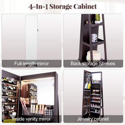 64 Inch Lockable Jewelry Armoire with Built-In LED Makeup Mirror, Large Storage, and Full-Length Mirror – Purple