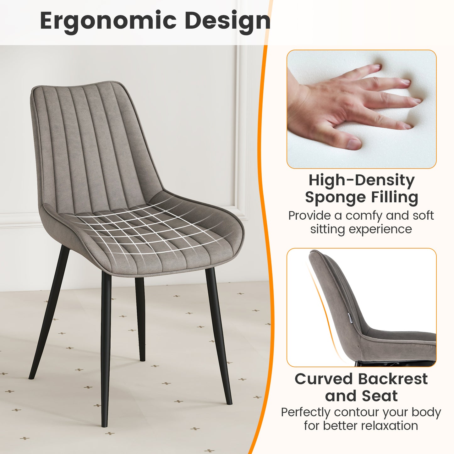 Modern Faux Leather Dining Chairs with Padded Seat and Metal Legs - Grey, Set of 2