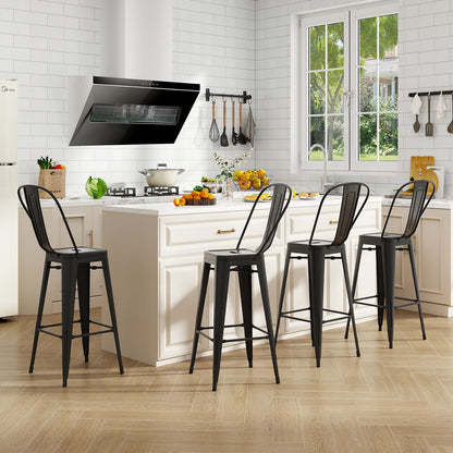 Set of 4 Stackable Metal Bar Stools with Removable Backrest Bar Height Chairs - Black