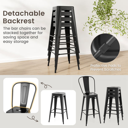 Set of 4 Stackable Metal Bar Stools with Removable Backrest Bar Height Chairs - Black