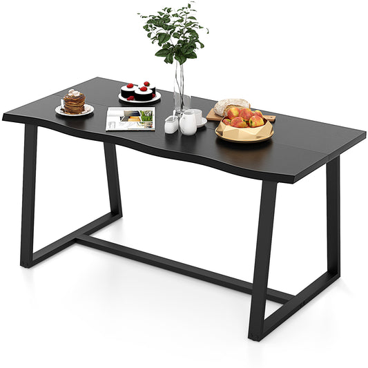 63 Inch Large Farmhouse Dining Table with Wavy Edge and Durable Metal Frame in Black Finish