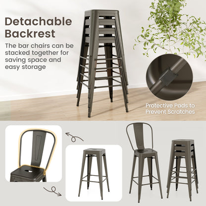 Set of 4 Stackable Metal Bar Stools with Removable Backrest Bar Height Chairs - Gunmetal
