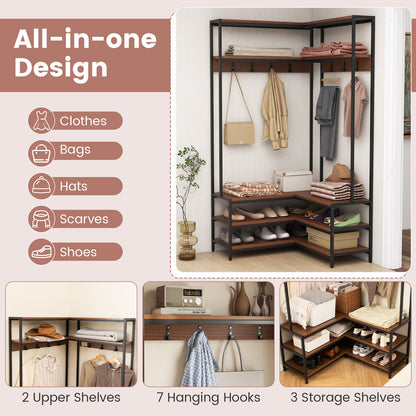 Corner Coat Rack with Open Shelves, 7 Hooks & Shoe Bench - Walnut Storage Organizer