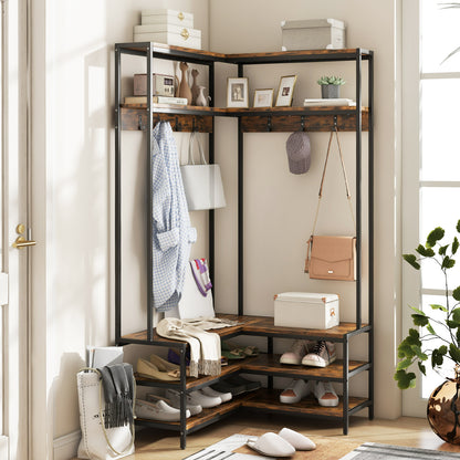 Corner Coat Rack with Open Shelves, 7 Hooks & Shoe Bench - Rustic Brown Storage Organizer