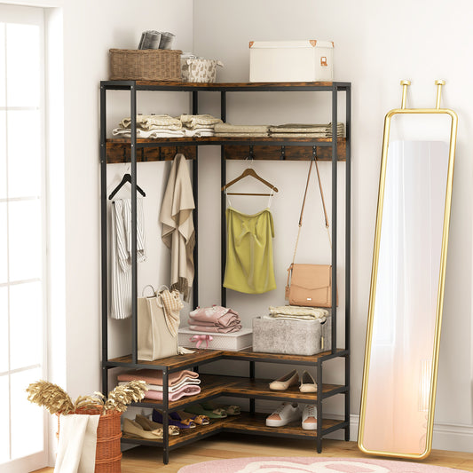 Corner Coat Rack with Open Shelves, 7 Hooks & Shoe Bench - Rustic Brown Storage Organizer