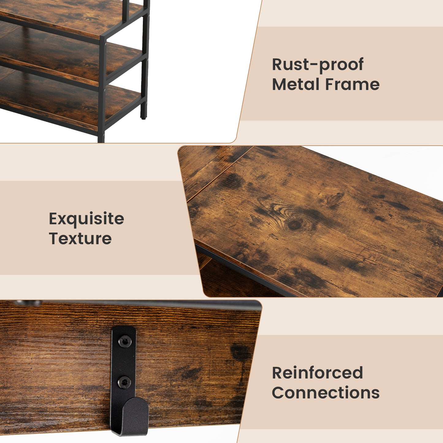 Corner Coat Rack with Open Shelves, 7 Hooks & Shoe Bench - Rustic Brown Storage Organizer