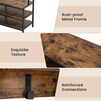 Corner Coat Rack with Open Shelves, 7 Hooks & Shoe Bench - Rustic Brown Storage Organizer