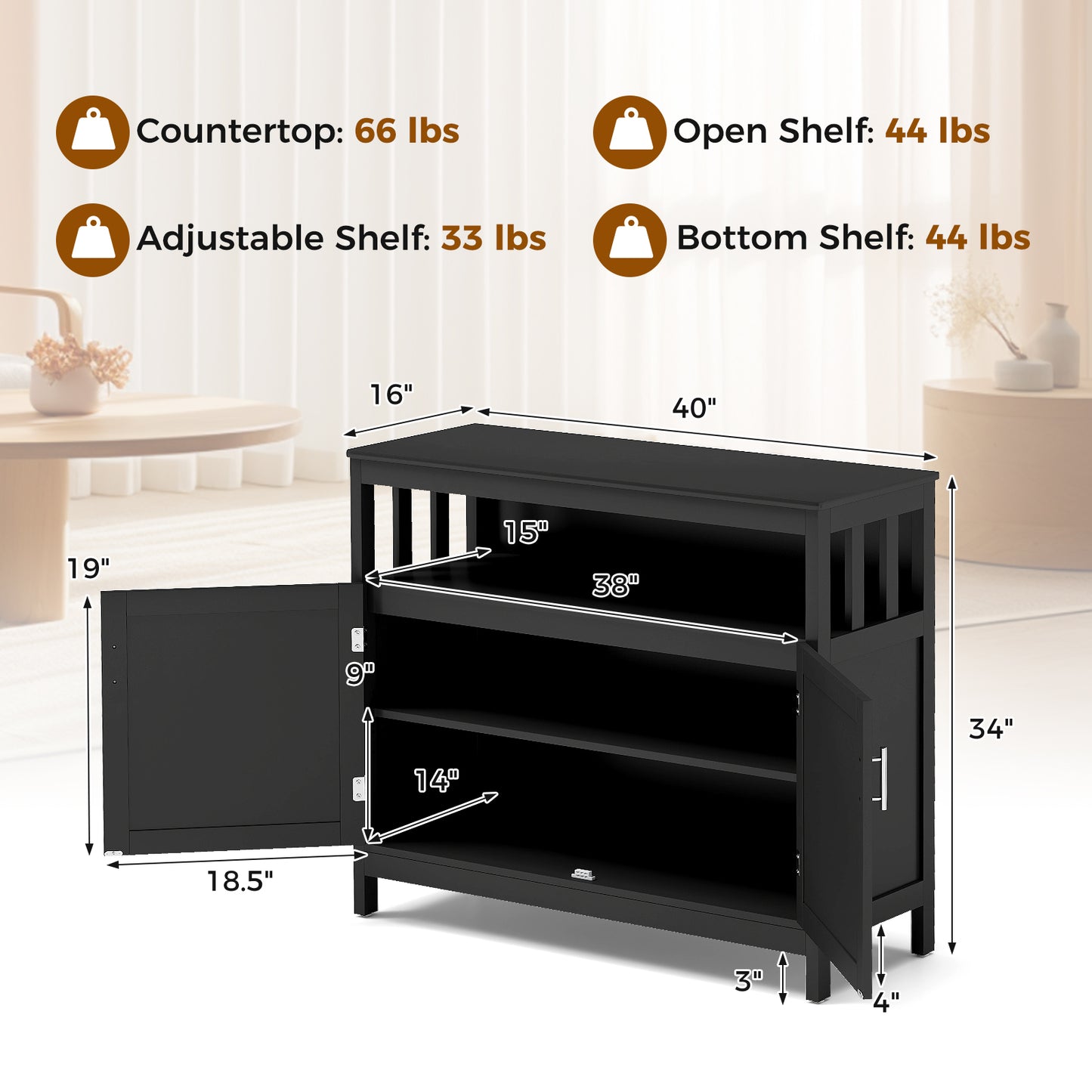 Kitchen Sideboard Buffet Cabinet with Adjustable Shelf and Double Doors for Dining Storage - Black