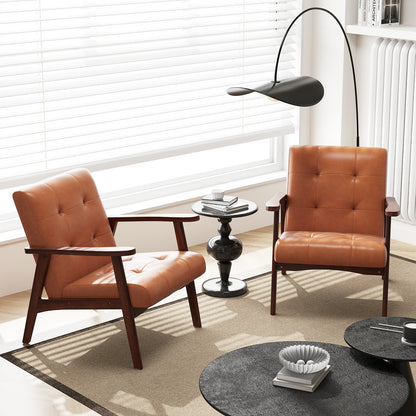 Mid Century Modern Lounge Chair with Solid Wood Frame and Tufted Seat Light Brown