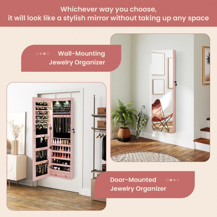 LED Lighted Mirrored Jewelry Cabinet Armoire for Wall or Door Mount – Pink