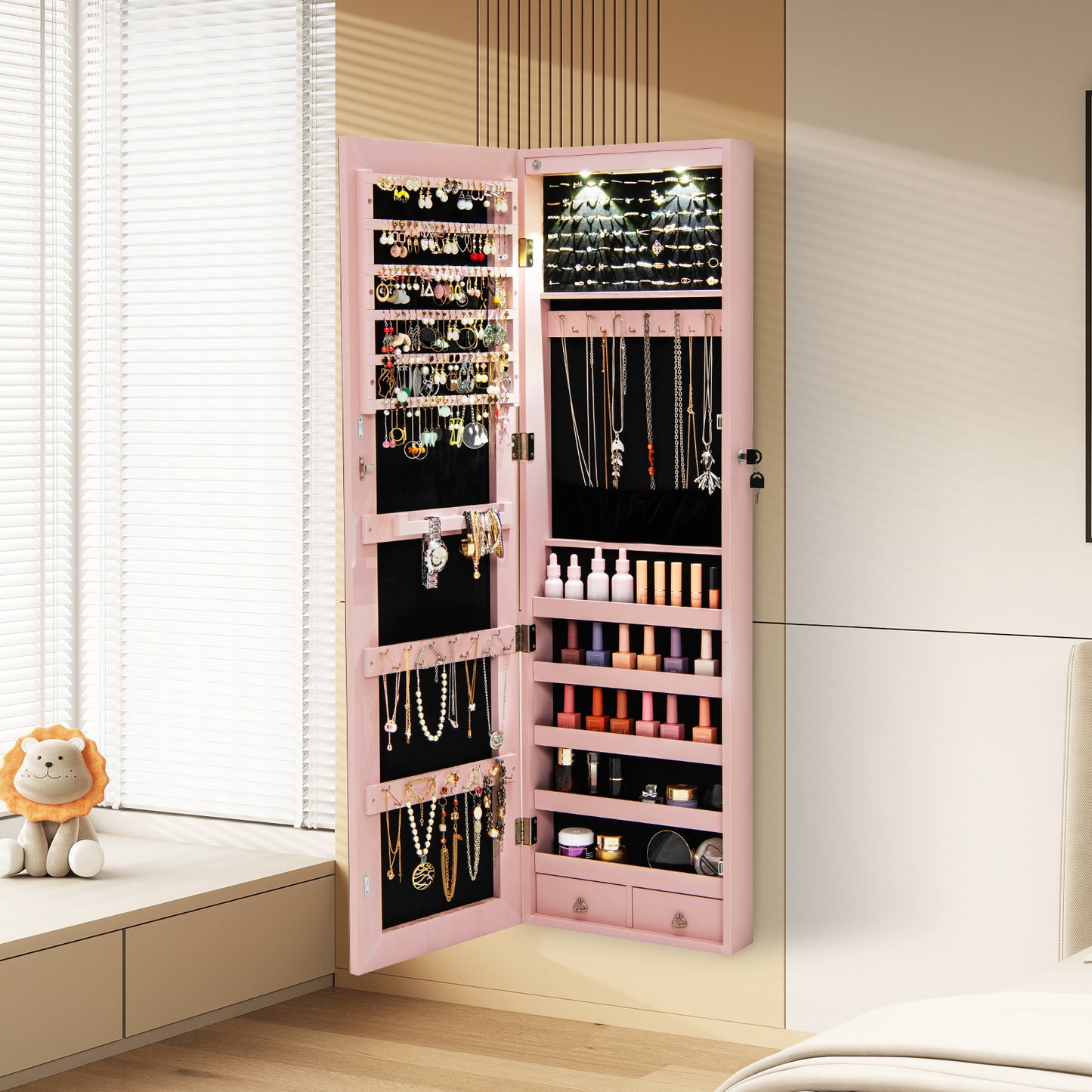 LED Lighted Mirrored Jewelry Cabinet Armoire for Wall or Door Mount – Pink