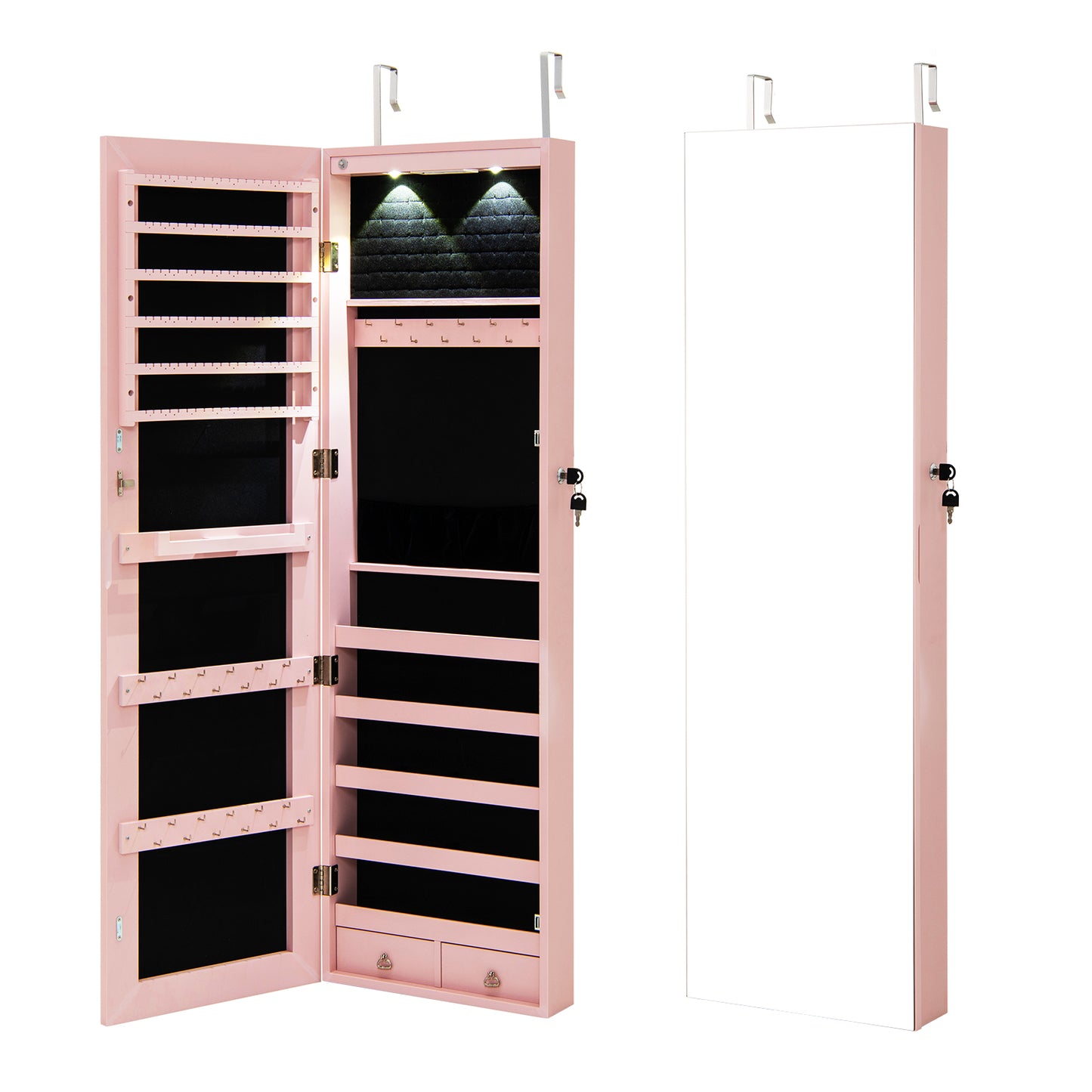 LED Lighted Mirrored Jewelry Cabinet Armoire for Wall or Door Mount – Pink