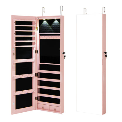 LED Lighted Mirrored Jewelry Cabinet Armoire for Wall or Door Mount – Pink
