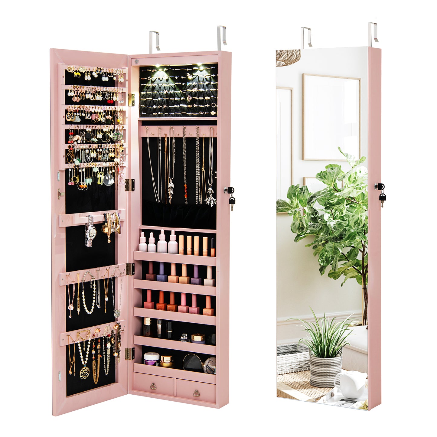 LED Lighted Mirrored Jewelry Cabinet Armoire for Wall or Door Mount – Pink