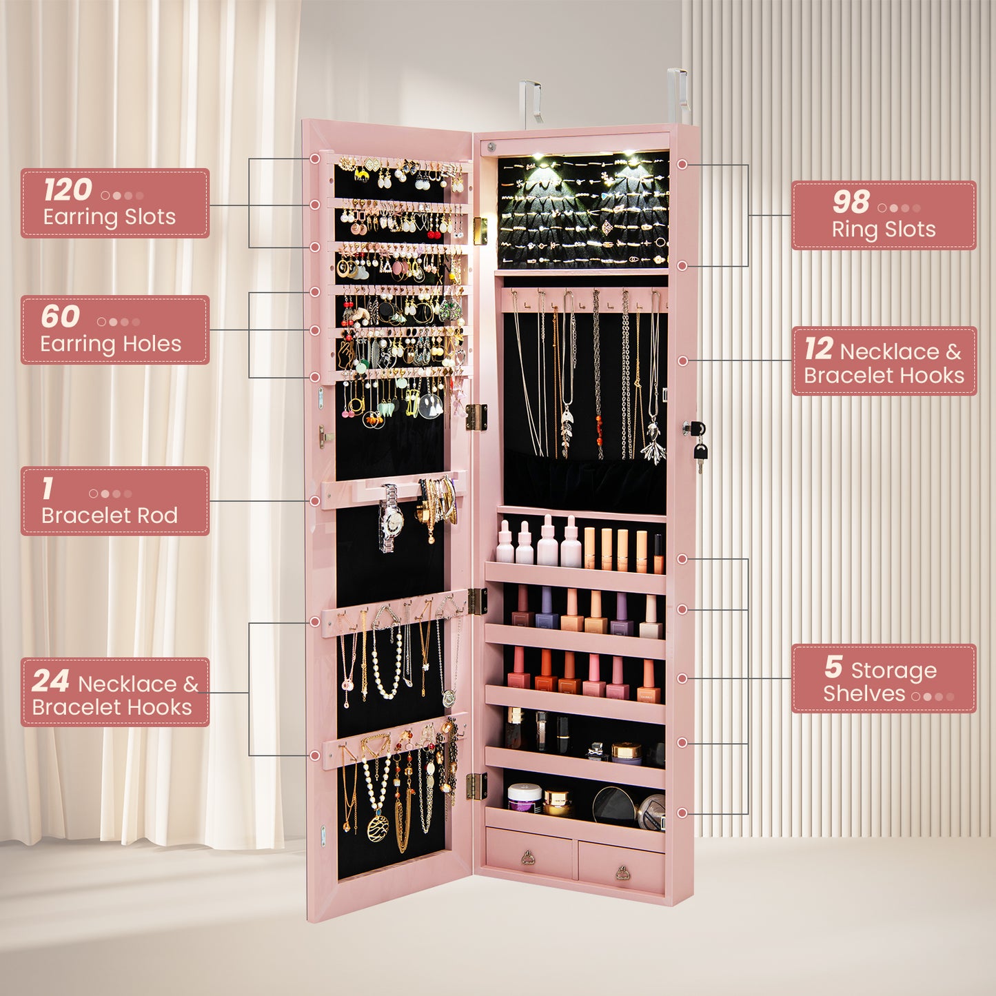 LED Lighted Mirrored Jewelry Cabinet Armoire for Wall or Door Mount – Pink