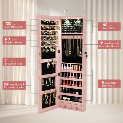 LED Lighted Mirrored Jewelry Cabinet Armoire for Wall or Door Mount – Pink