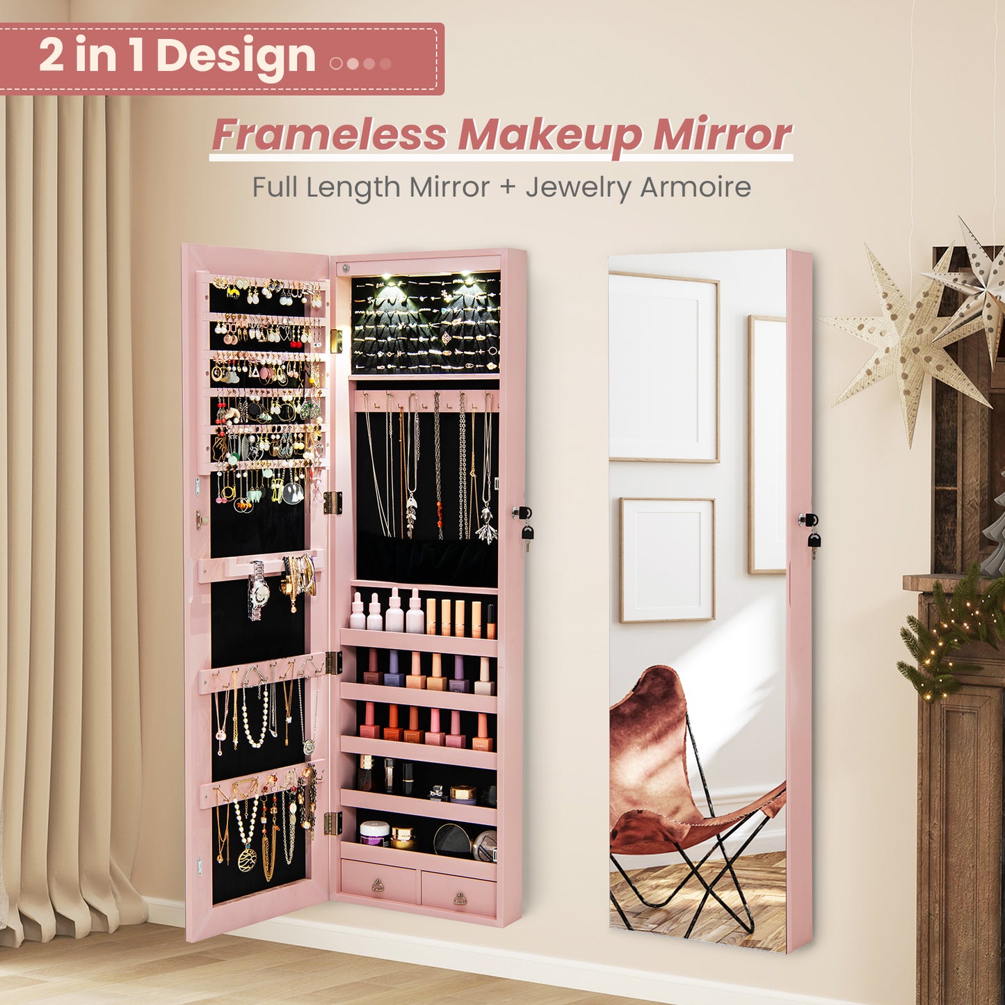 LED Lighted Mirrored Jewelry Cabinet Armoire for Wall or Door Mount – Pink