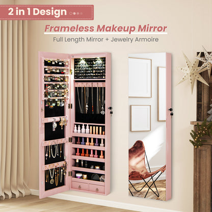 LED Lighted Mirrored Jewelry Cabinet Armoire for Wall or Door Mount – Pink