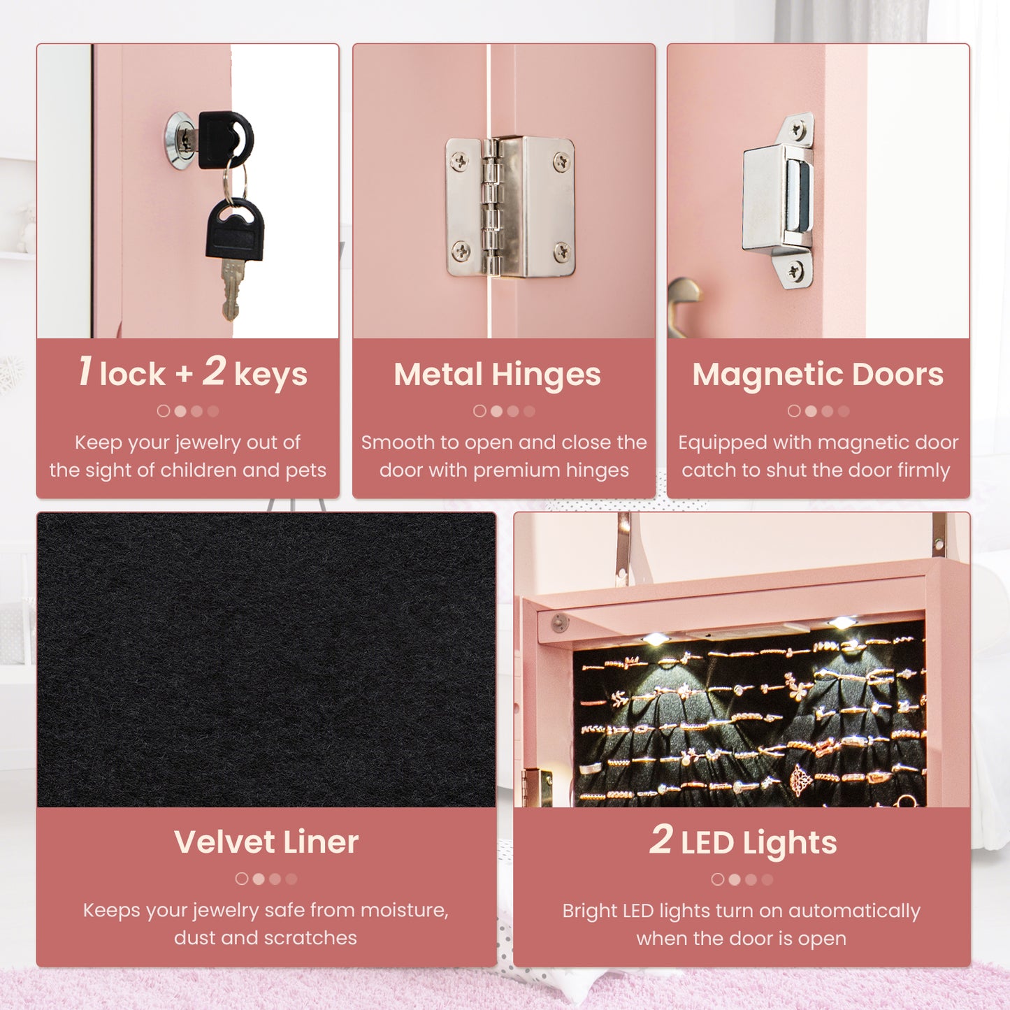 LED Lighted Mirrored Jewelry Cabinet Armoire for Wall or Door Mount – Pink