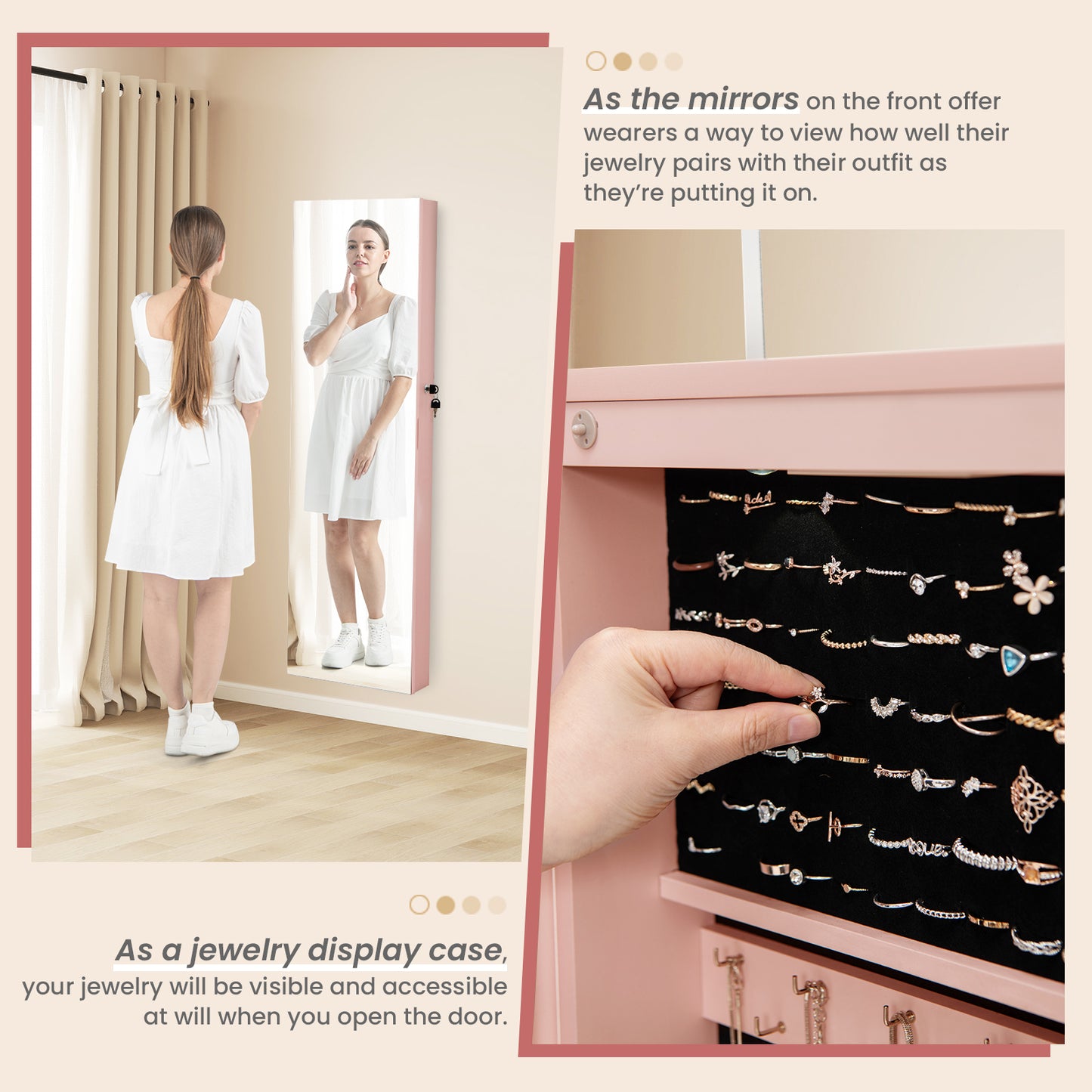 LED Lighted Mirrored Jewelry Cabinet Armoire for Wall or Door Mount – Pink