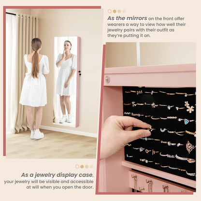 LED Lighted Mirrored Jewelry Cabinet Armoire for Wall or Door Mount – Pink
