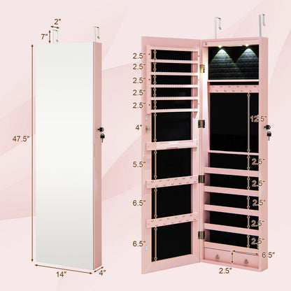 LED Lighted Mirrored Jewelry Cabinet Armoire for Wall or Door Mount – Pink