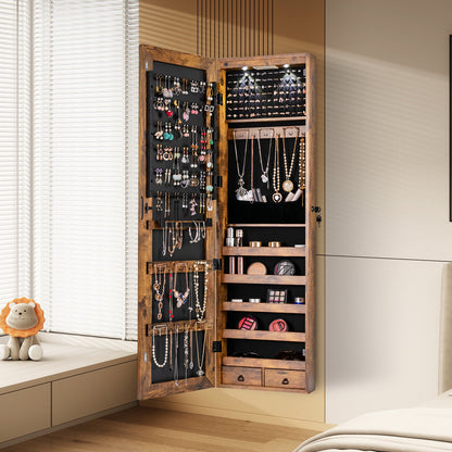 LED Lighted Mirrored Jewelry Cabinet Armoire for Wall or Door Mount – Rustic Brown