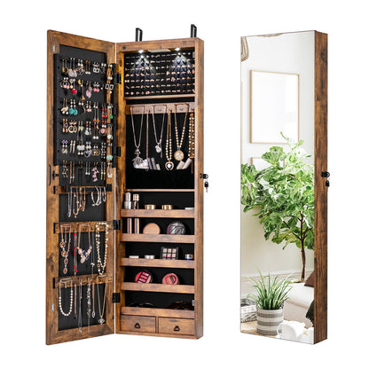 LED Lighted Mirrored Jewelry Cabinet Armoire for Wall or Door Mount – Rustic Brown