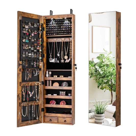 LED Lighted Mirrored Jewelry Cabinet Armoire for Wall or Door Mount – Rustic Brown