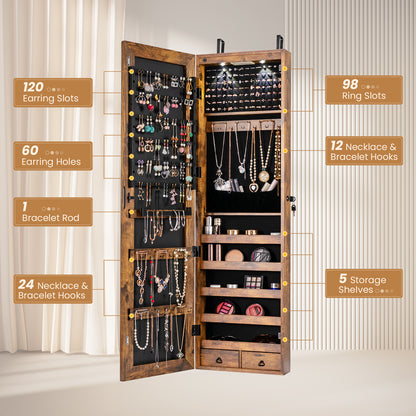 LED Lighted Mirrored Jewelry Cabinet Armoire for Wall or Door Mount – Rustic Brown