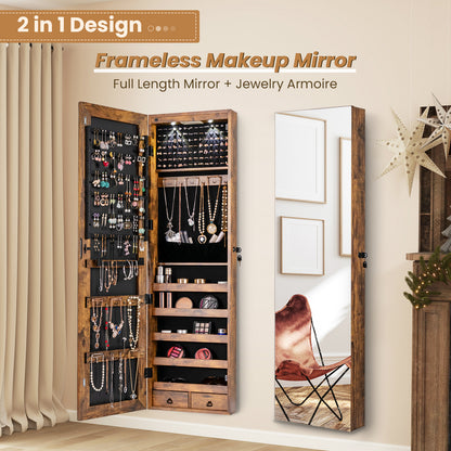 LED Lighted Mirrored Jewelry Cabinet Armoire for Wall or Door Mount – Rustic Brown