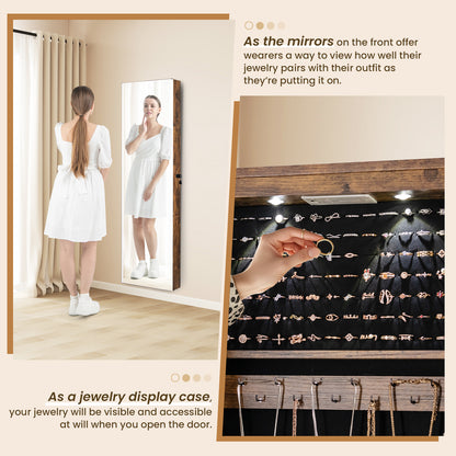 LED Lighted Mirrored Jewelry Cabinet Armoire for Wall or Door Mount – Rustic Brown
