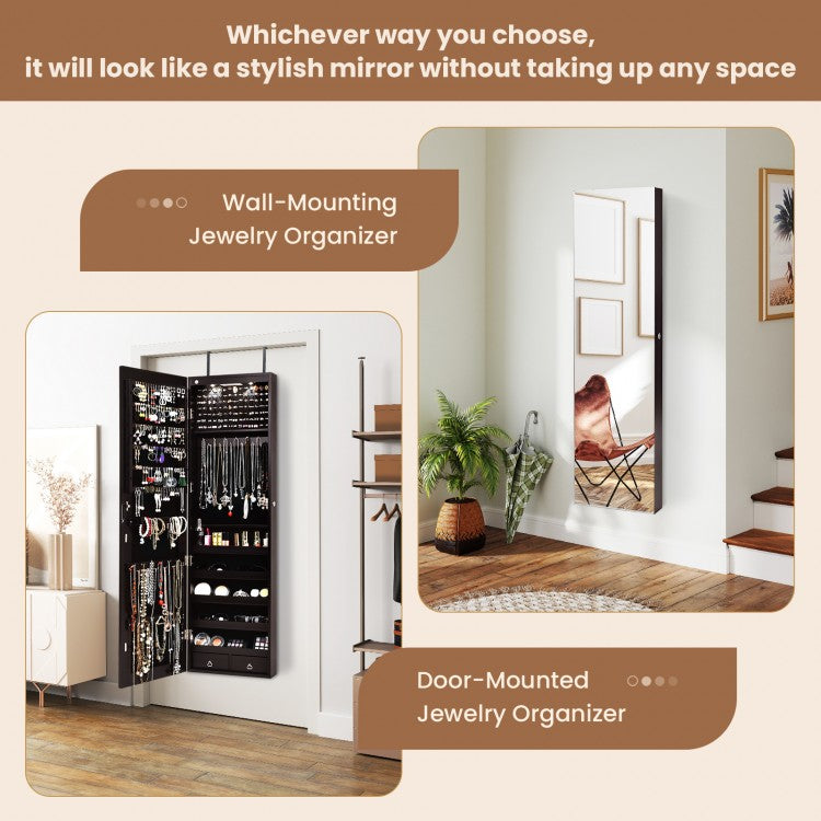 LED Lighted Mirrored Jewelry Cabinet Armoire for Wall or Door Mount – Brown