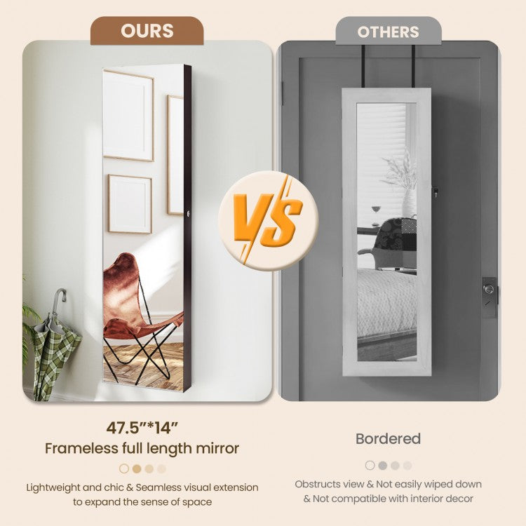 LED Lighted Mirrored Jewelry Cabinet Armoire for Wall or Door Mount – Brown