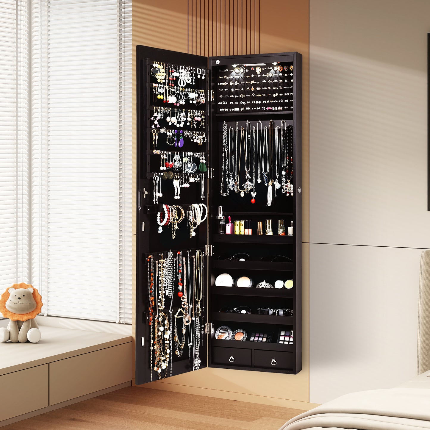 LED Lighted Mirrored Jewelry Cabinet Armoire for Wall or Door Mount – Brown