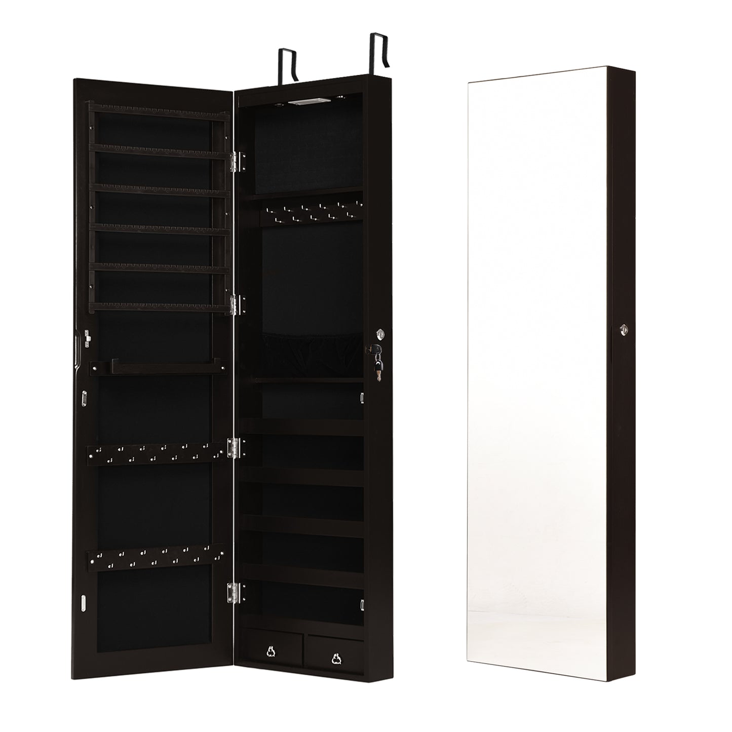 LED Lighted Mirrored Jewelry Cabinet Armoire for Wall or Door Mount – Brown