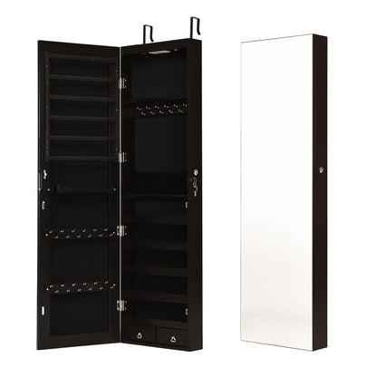 LED Lighted Mirrored Jewelry Cabinet Armoire for Wall or Door Mount – Brown