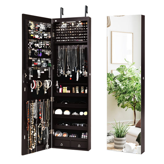 LED Lighted Mirrored Jewelry Cabinet Armoire for Wall or Door Mount – Brown