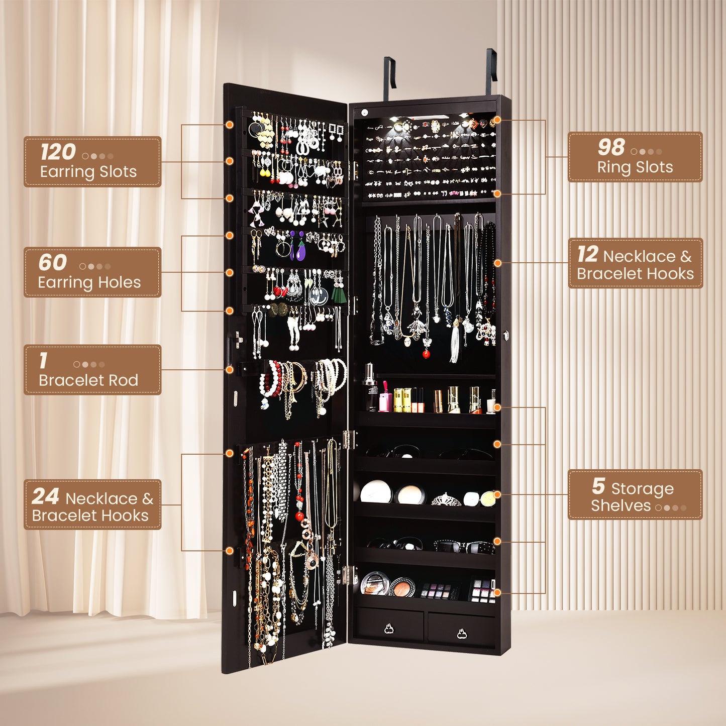 LED Lighted Mirrored Jewelry Cabinet Armoire for Wall or Door Mount – Brown