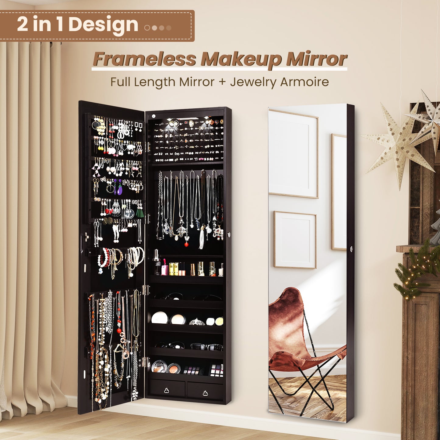 LED Lighted Mirrored Jewelry Cabinet Armoire for Wall or Door Mount – Brown