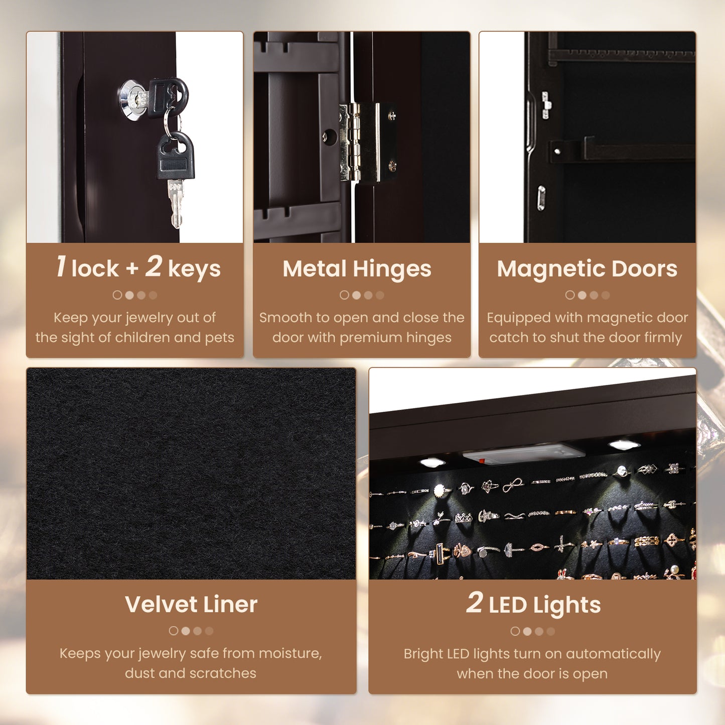 LED Lighted Mirrored Jewelry Cabinet Armoire for Wall or Door Mount – Brown