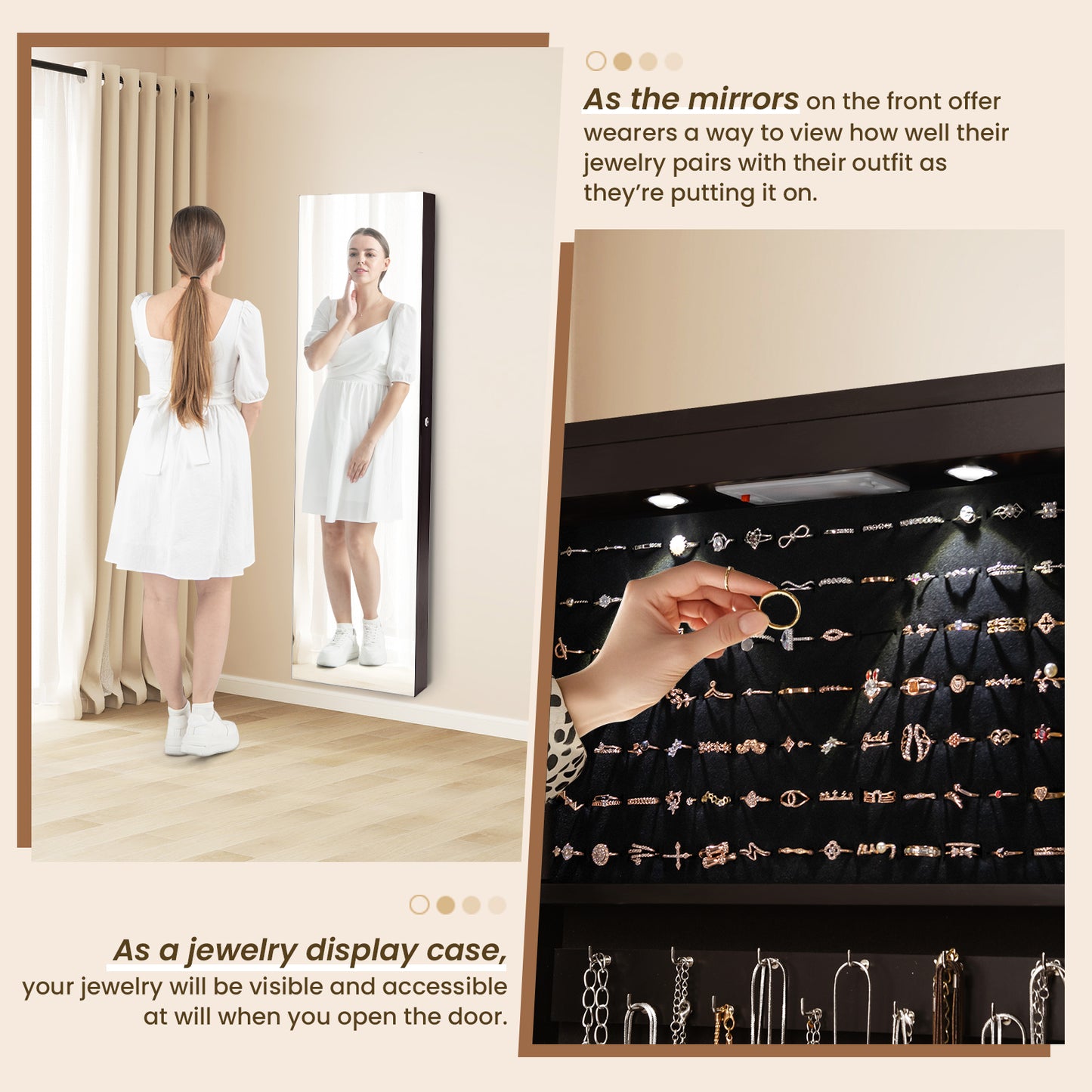 LED Lighted Mirrored Jewelry Cabinet Armoire for Wall or Door Mount – Brown