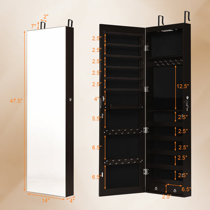 LED Lighted Mirrored Jewelry Cabinet Armoire for Wall or Door Mount – Brown